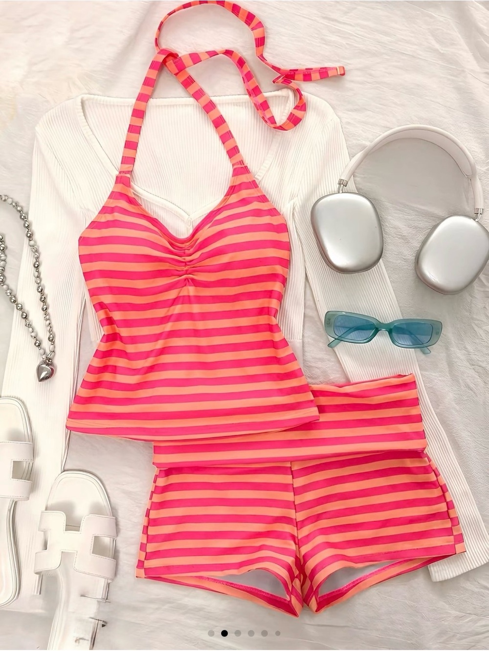 YHBIKINI Pink Striped Halter Tankini Swimsuit Shorts Size L NWT